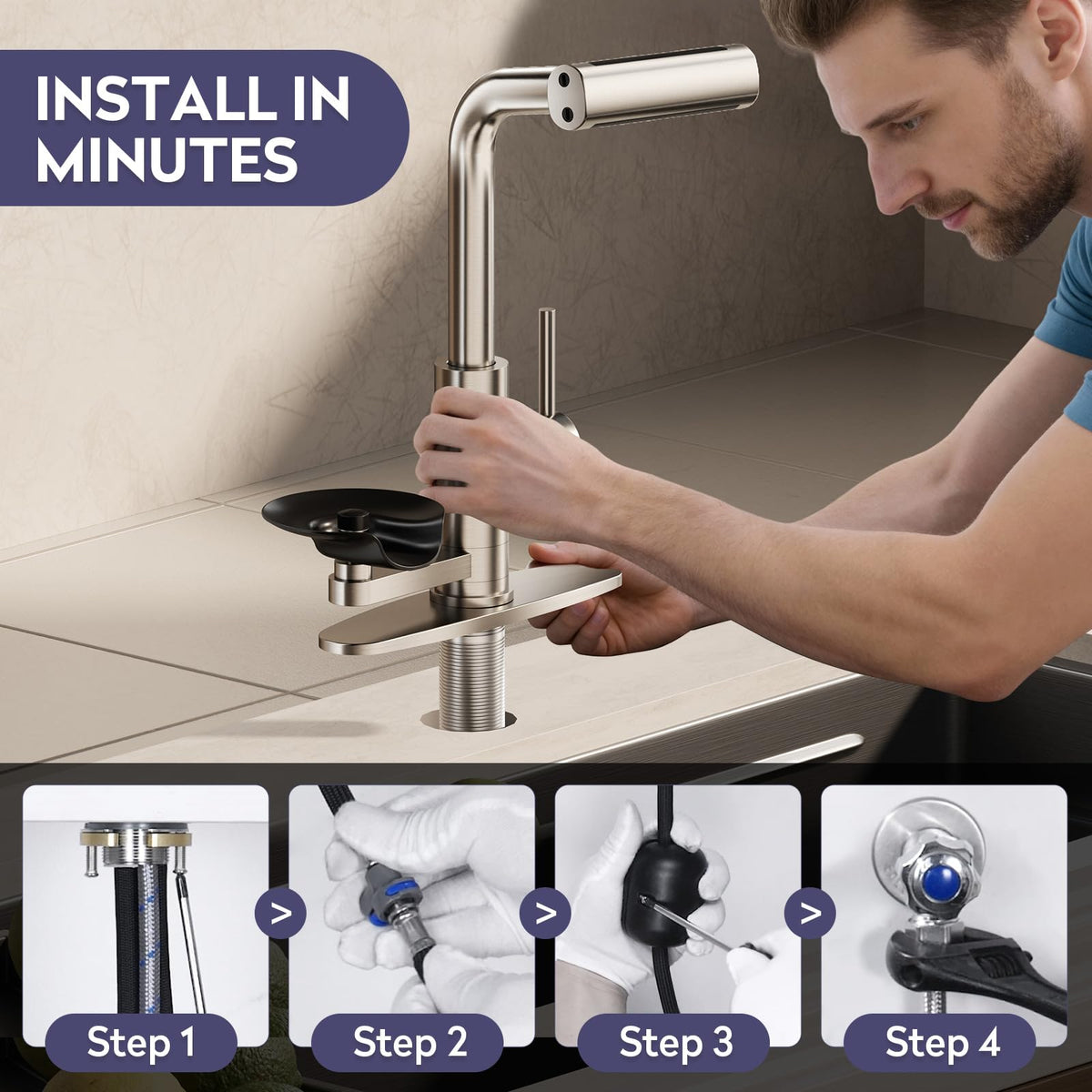 HOWUWEY Black Kitchen Faucet with Pull Down Sprayer & Cup Washer