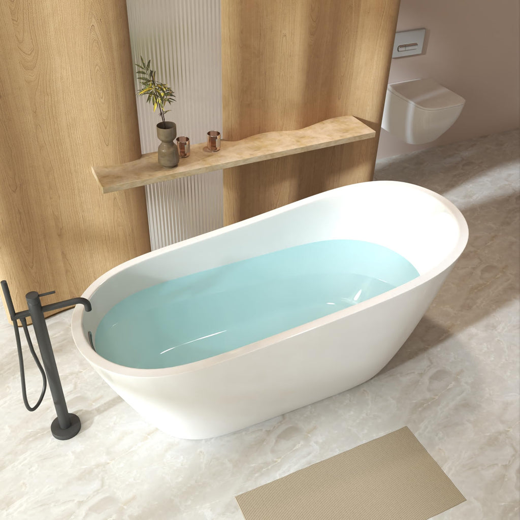 GDFStudio 67" Acrylic Freestanding Bathtub with Diamond Pattern, Modern Oval Soaking Tub, Freestanding Bath Spa Tub, Brushed Nickel Overflow & Pop-Up Drain, cUPC Certified, Glossy White