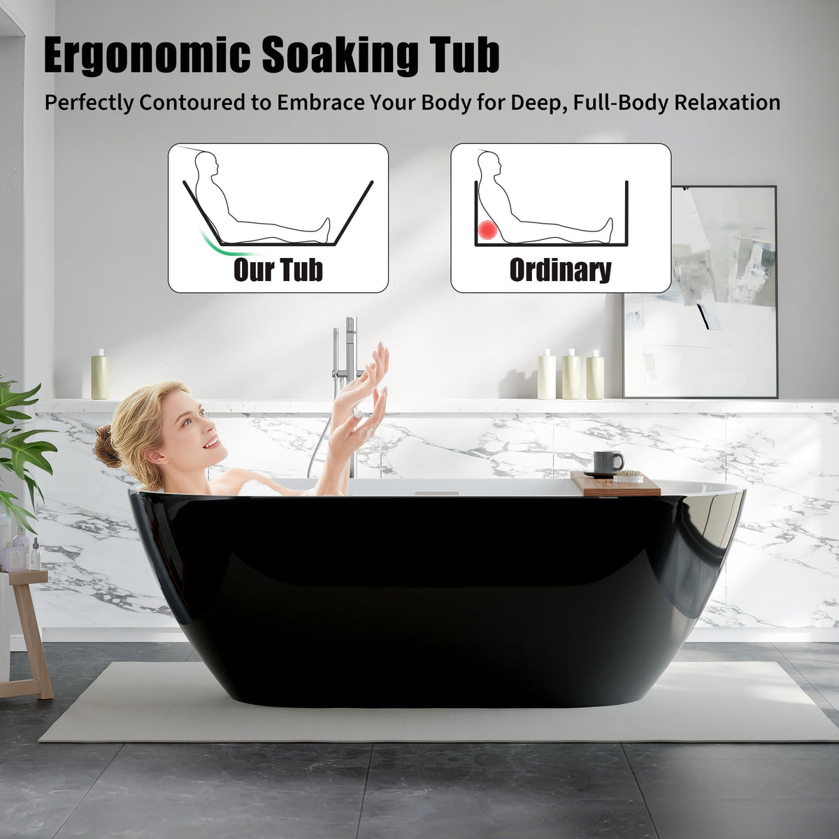 Freestanding Bathtub 59 inch Acrylic Free Standing Tub 59 Inch, Free Standing Tub with Chrome Drain & Overflow, Ergonomic Stand Alone Tub for Small Bathroom or Home Spa