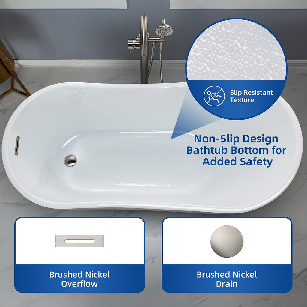 WOODBRIDGE 59" Acrylic Freestanding Bathtub Contemporary Soaking White Tub with Brushed Nickel Overflow and Drainï¼B-1530 -B/N-Drain &O