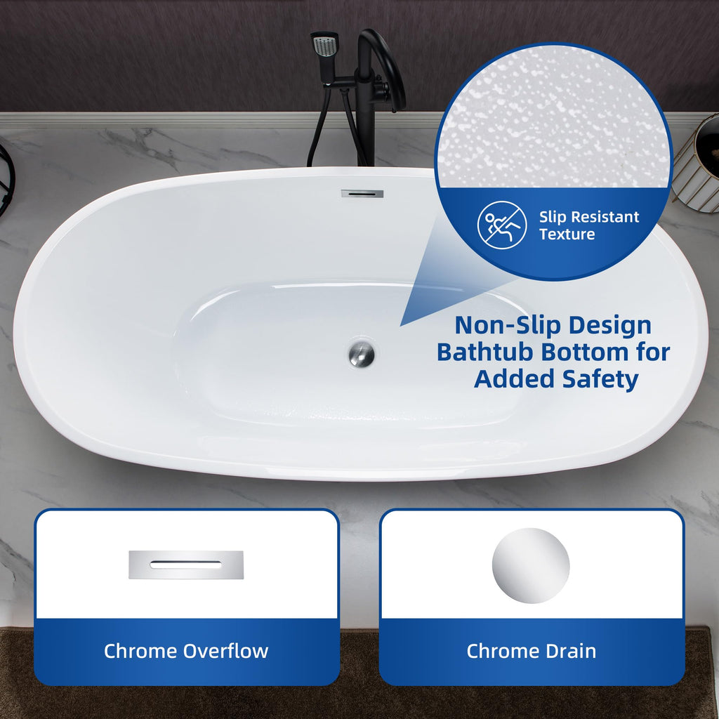 WOODBRIDGE 59"Freestanding White Acylic Soaking Bathtub with Brushed Nickel Drain and Overflow,BTA1518 -B/N-Drain &O