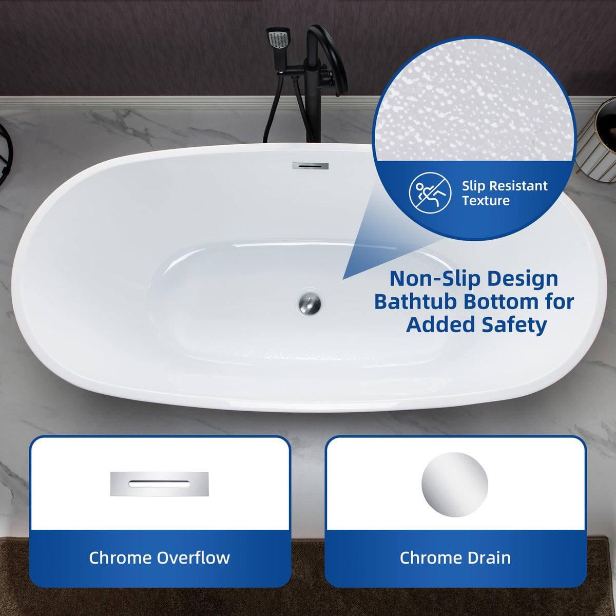 WOODBRIDGE 59"Freestanding White Acylic Soaking Bathtub with Brushed Nickel Drain and Overflow,BTA1518 -B/N-Drain &O