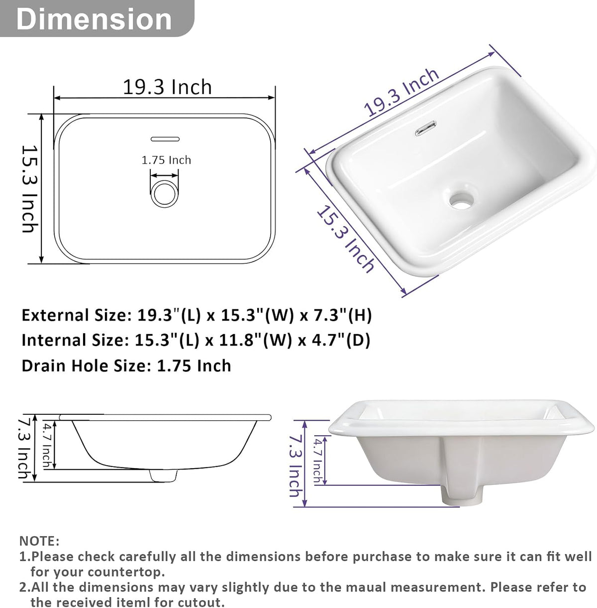 19 Inch Drop In Bathroom Vessel Sink with Overflow Rectangle White