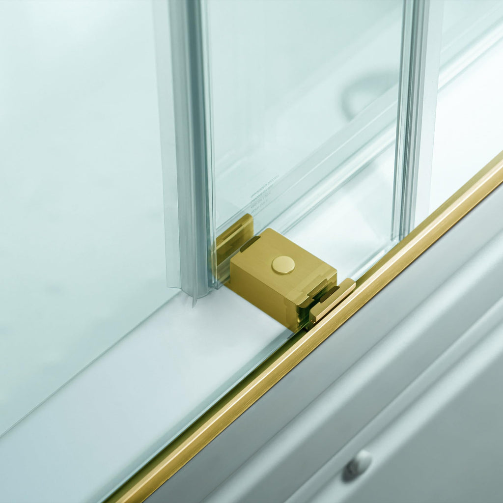 Woodbridge 56-60" W x 62" H Frameless Bathtub Shower Door,Double Sliding Soft-Close Doors,3/8(10mm) Tempered Glass with Explosion Proof Film in Brushed Bronze Finish