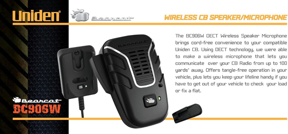 Uniden BC906W Wireless CB Microphone and Speaker in a single unit, Up to 100 Yard Range, Smart Power Save, Active Noise-Canceling Technology, Clear Quality Sound,Black