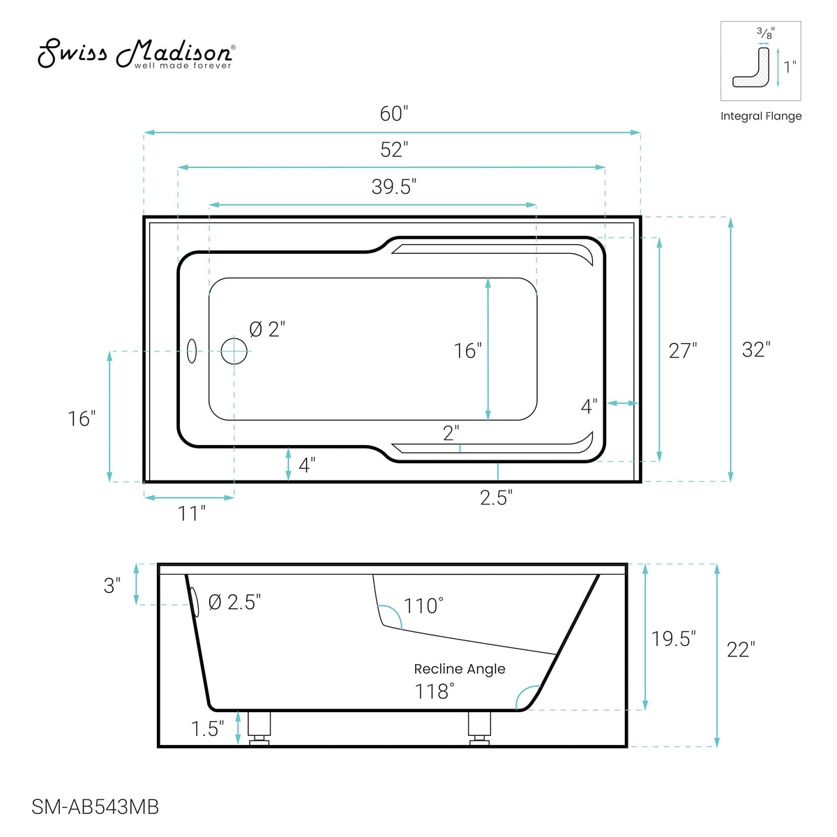 Voltaire 60" x 32" Right-Hand Drain Alcove Bathtub with Apron