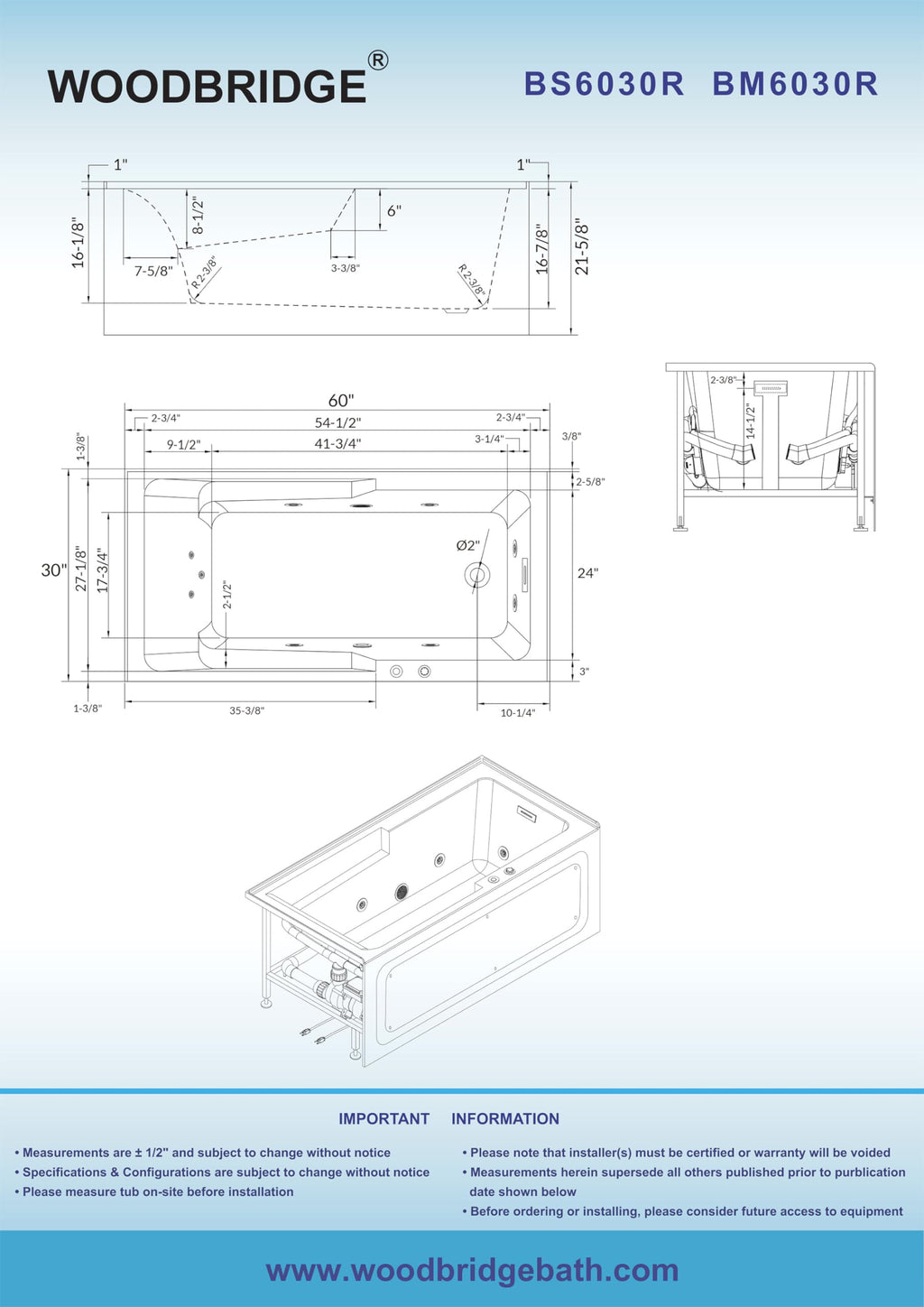 WOODBRIDGE 60" Alcove Acrylic Rectangular Whirlpool Heated Jetted Tub in White with Left Drain, Chrome pop-up Drain Included BS6030L