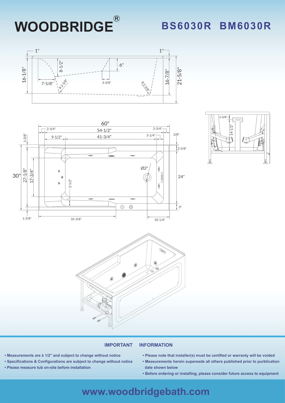 WOODBRIDGE 60" Alcove Acrylic Rectangular Whirlpool Heated Jetted Tub in White with Left Drain, Chrome pop-up Drain Included BS6030L
