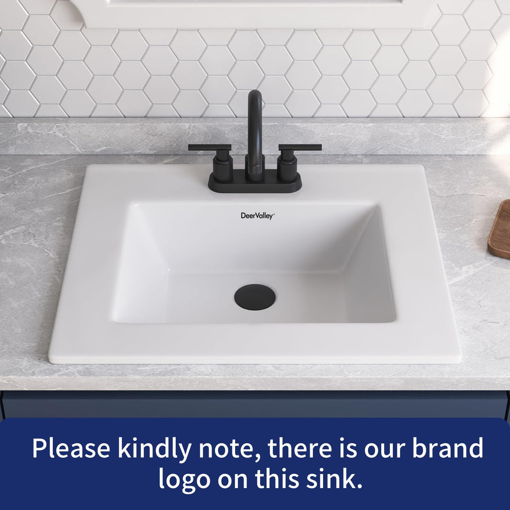 DeerValley Drop In Bathroom Sink White 21"x18" Rectangle Sleek 3-Hole Basin