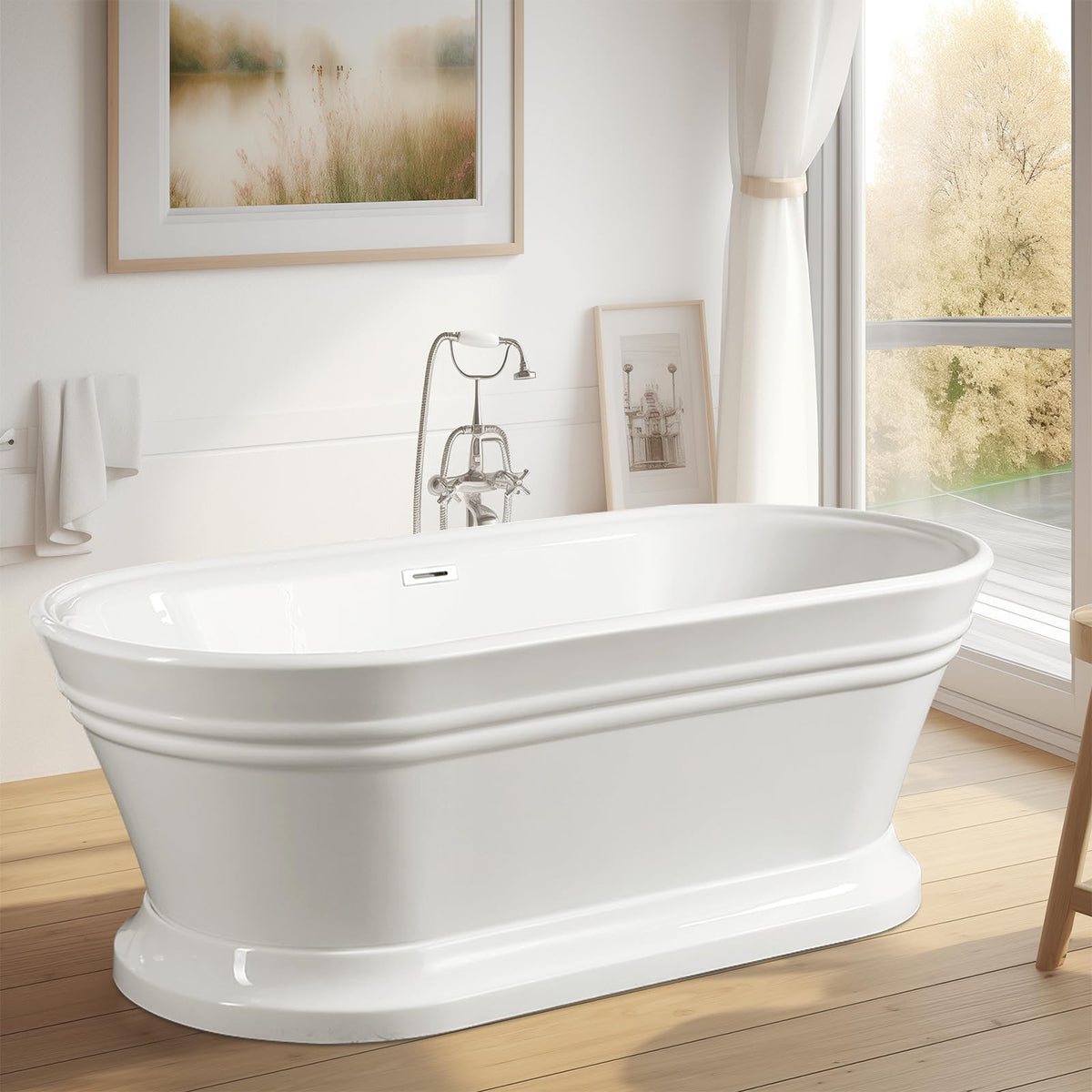 Vanity Art 59 x 30 Inches Freestanding Bathtub Acrylic Modern Stand Alone Soaking Tub with UPC Certified Slotted Overflow and Pop-up Center Drain, White VA6610-S