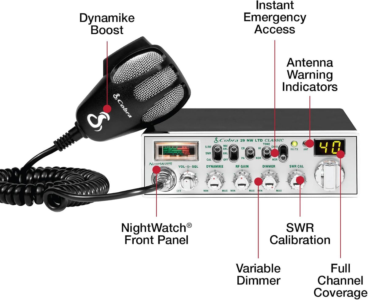 Cobra 29NW Classic Professional CB Radio - Emergency Radio, Travel Essentials, Instant Channel 9/19, Full 40 Channels, SWR Calibration and Nightwatch Illumination Display