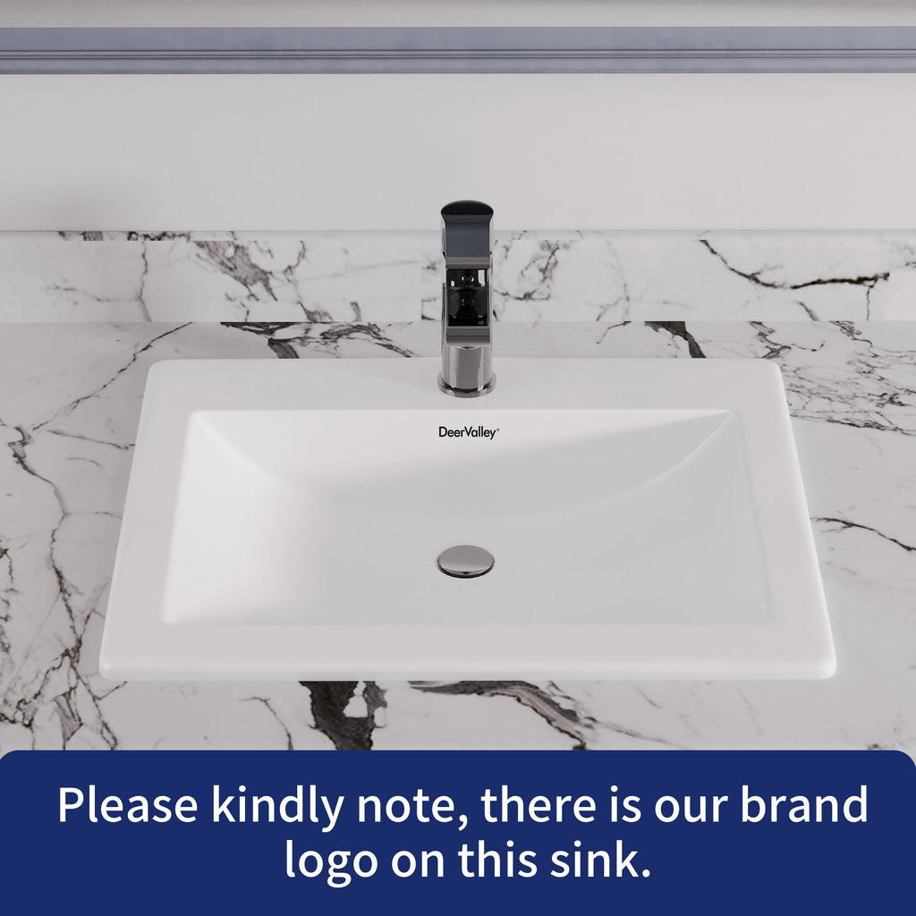 DeerValley Drop In Bathroom Sink White 21"x18" Rectangle Sleek 3-Hole Basin