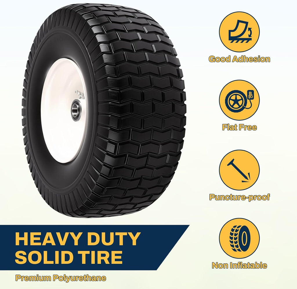 15x6.00-6 Flat Free Lawn Mower Tire and Wheel, 15x6-6 Front Tire Assembly