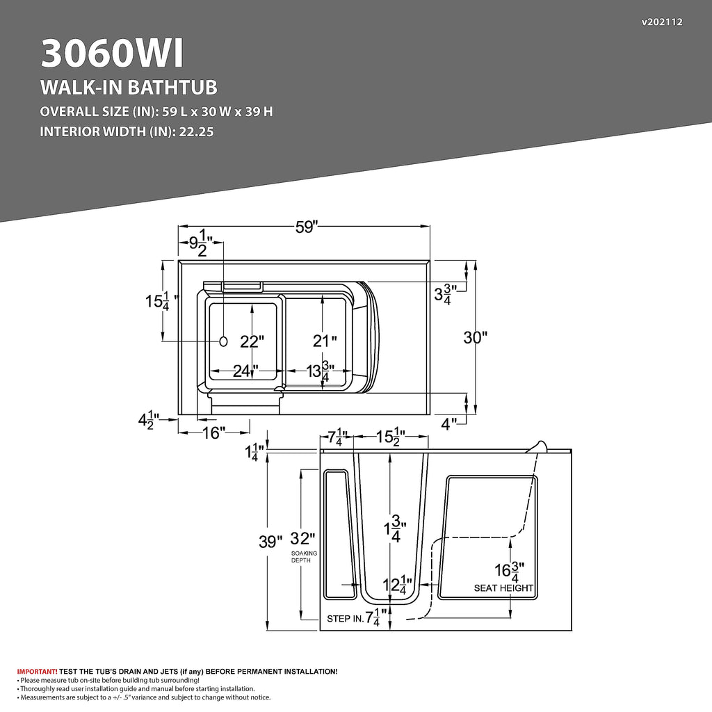 ANZZI Walk In Tub, 30 X 53 In, Left Drain, Air & Whirlpool Jets, 110v
