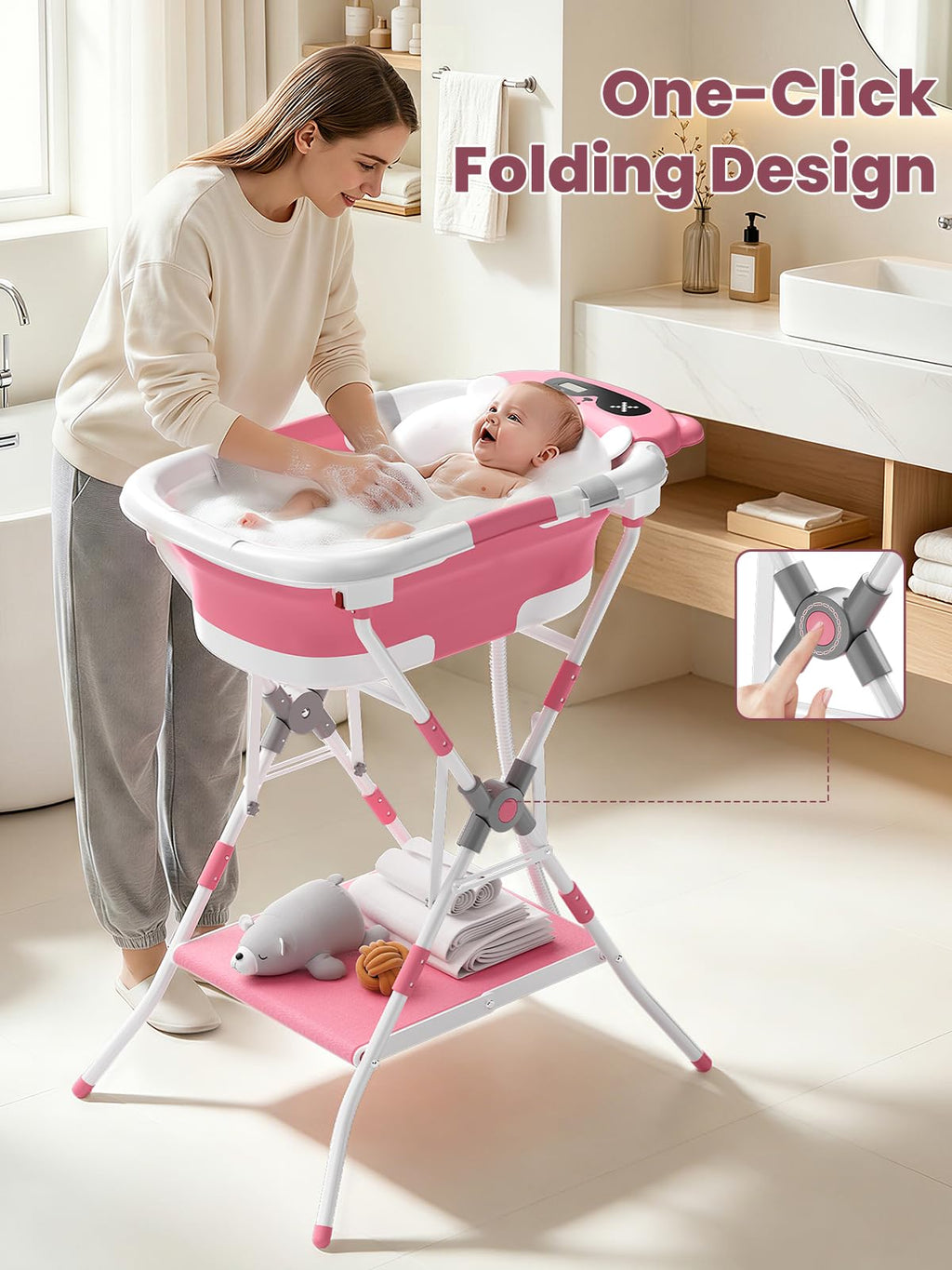 Baby Bathtub with Stand, Foldable Metal Standing Baby Bath Tub, 3-in-1 Anti-Slip Collapsible Tub with Cushion Storage Pad, Elevated Design for Newborn Toddler, Gray