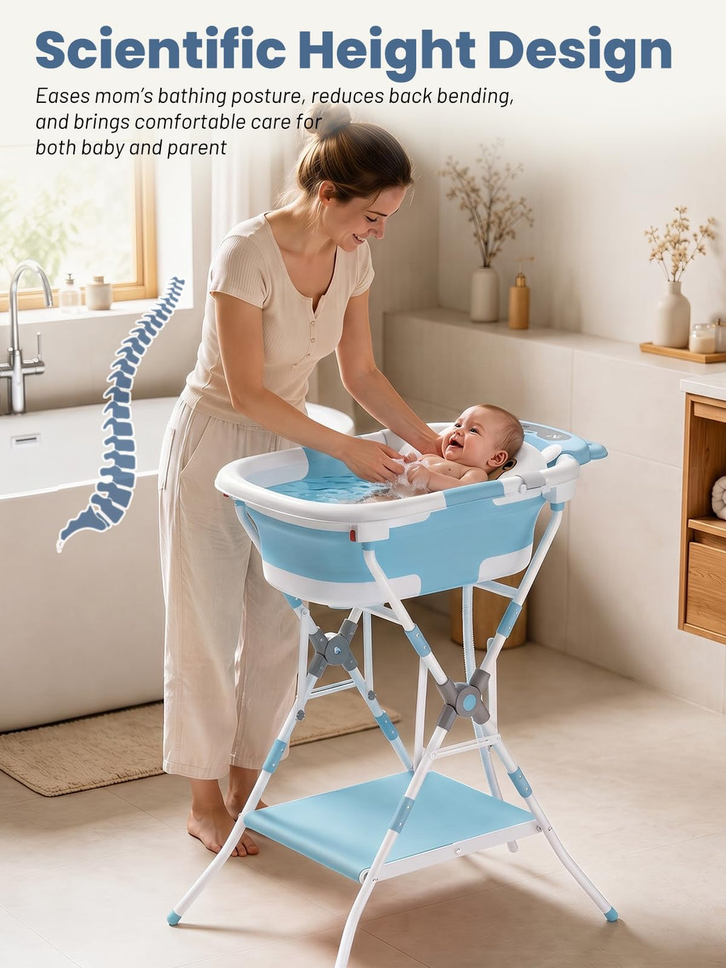 Baby Bathtub with Stand, Foldable Metal Standing Baby Bath Tub, 3-in-1 Anti-Slip Collapsible Tub with Cushion Storage Pad, Elevated Design for Newborn Toddler, Gray