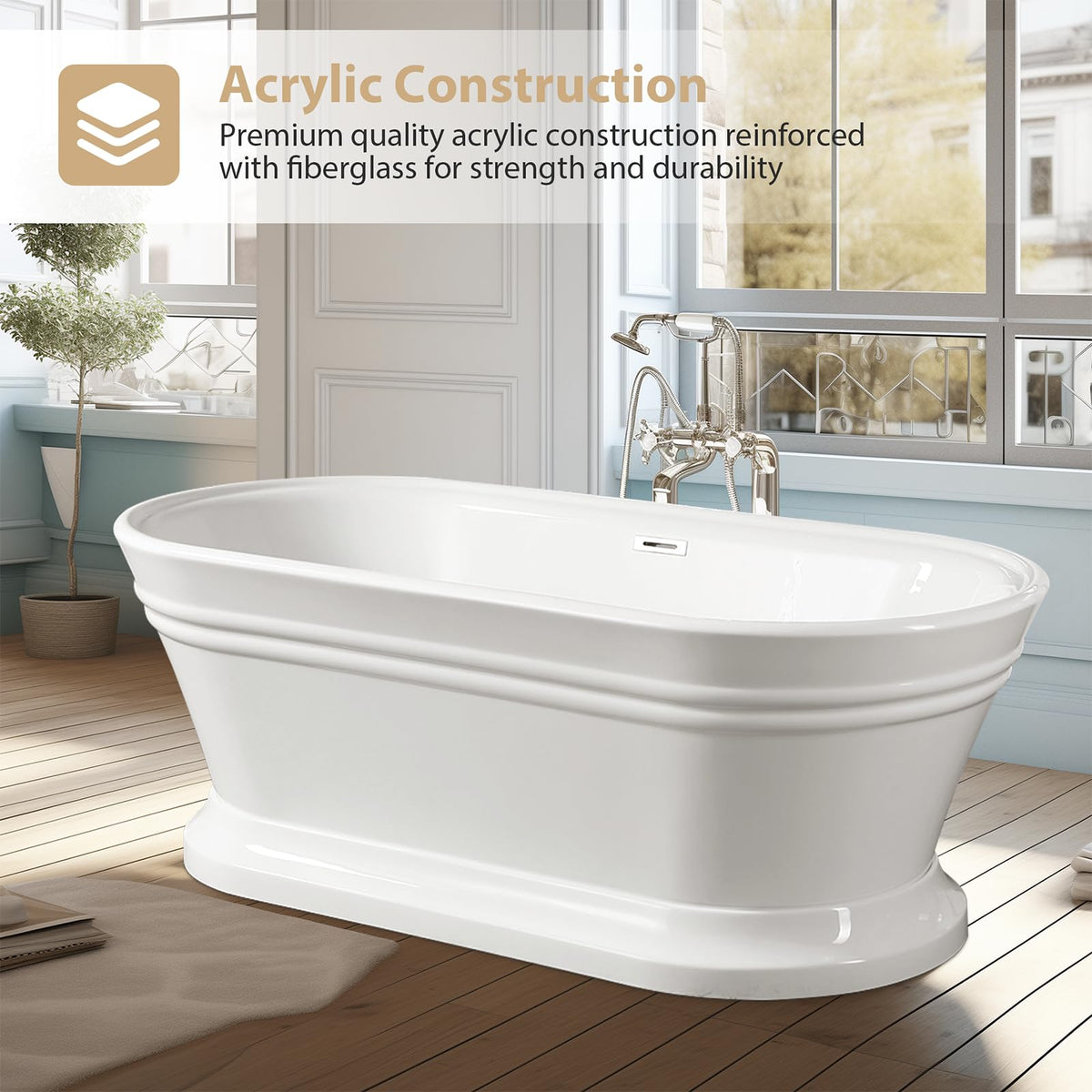 Vanity Art 59 x 30 Inches Freestanding Bathtub Acrylic Modern Stand Alone Soaking Tub with UPC Certified Slotted Overflow and Pop-up Center Drain, White VA6610-S