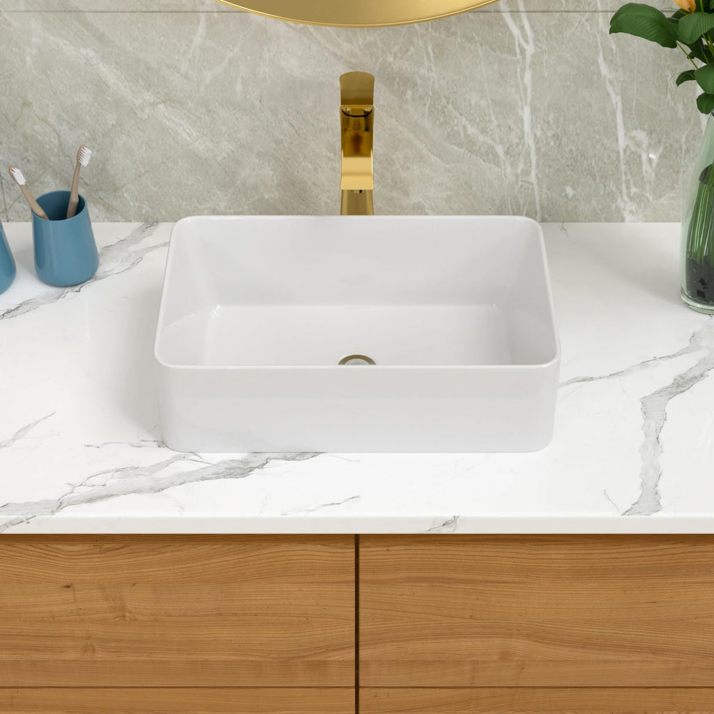 Bathroom Vessel Sink 19"x15" Rectangle Sink Above Counter White Porcelain Ceramic Modern Vanity Sink Art Basin with Faucet Hole