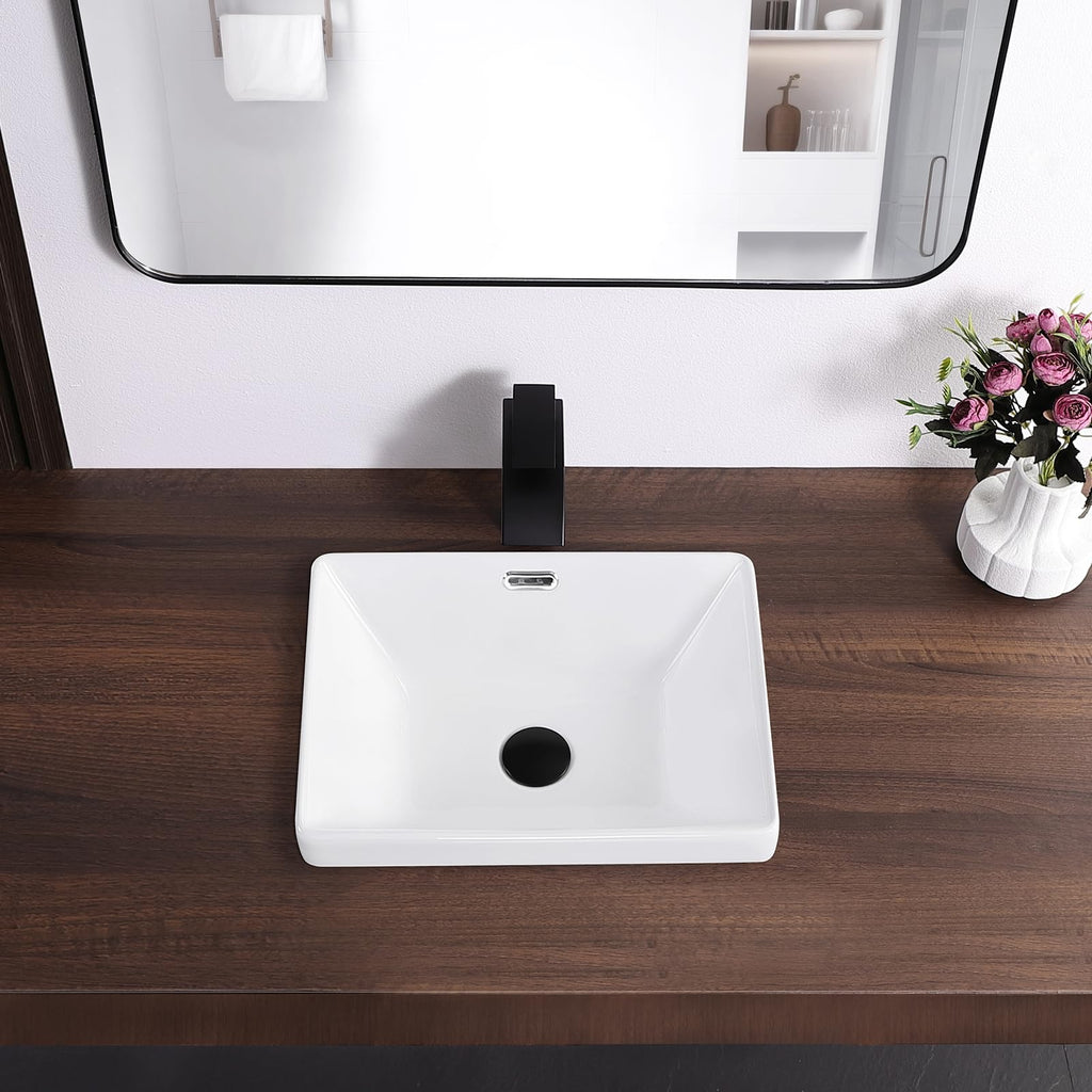 19 Inch Drop In Bathroom Vessel Sink with Overflow Rectangle White