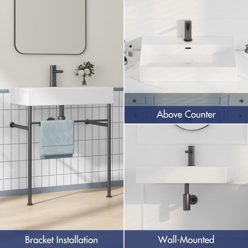 Eridanus 24"x16" Console Bathroom Sink, Free Standing 30 Inch Stainless Steel Support Pedestal Legs, Wall Mount White Vessel Ceramic Vanity Basin, Modern Rectangular Sinks Porcelain, Matte Black
