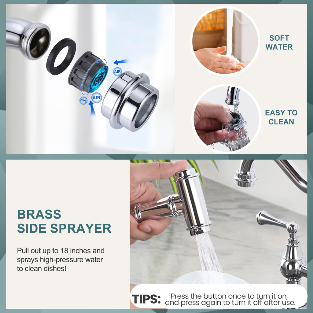 WOWOW Brass Bridge Kitchen Faucet 4 Hole with Side Sprayer, Brushed Gold