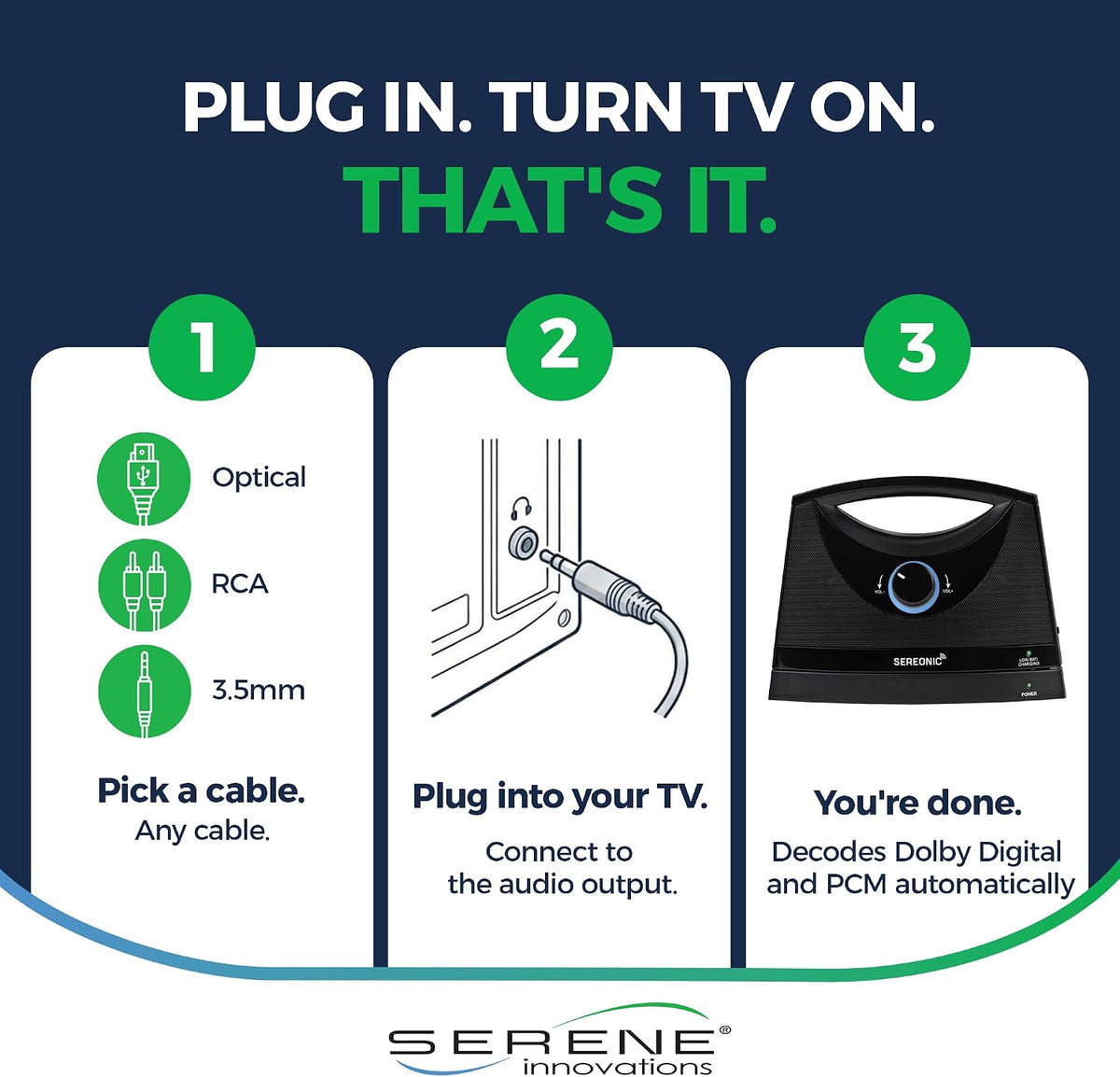 SEREONIC Portable Wireless TV Speakers for Smart TV - Ideal for TV Watching Without The Blaring Volume - Wireless Speakers for TV Designed for Hard of Hearing, Elderly, and Seniors - 100ft Range