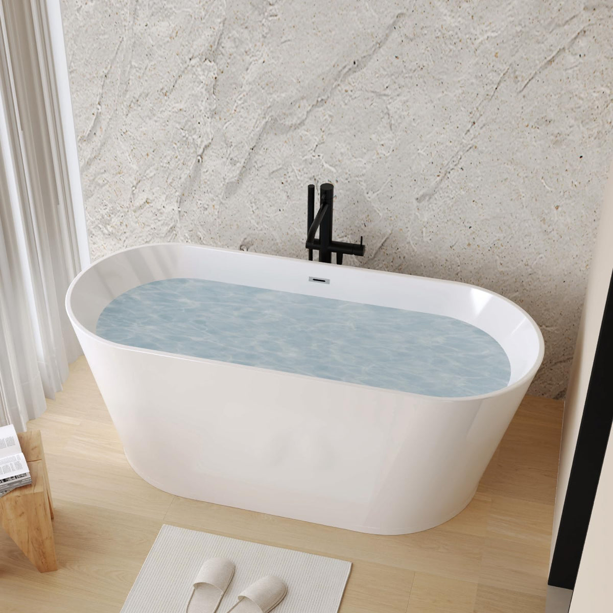 GDFStudio 67" Acrylic Freestanding Bathtub with Diamond Pattern, Modern Oval Soaking Tub, Freestanding Bath Spa Tub, Brushed Nickel Overflow & Pop-Up Drain, cUPC Certified, Glossy White