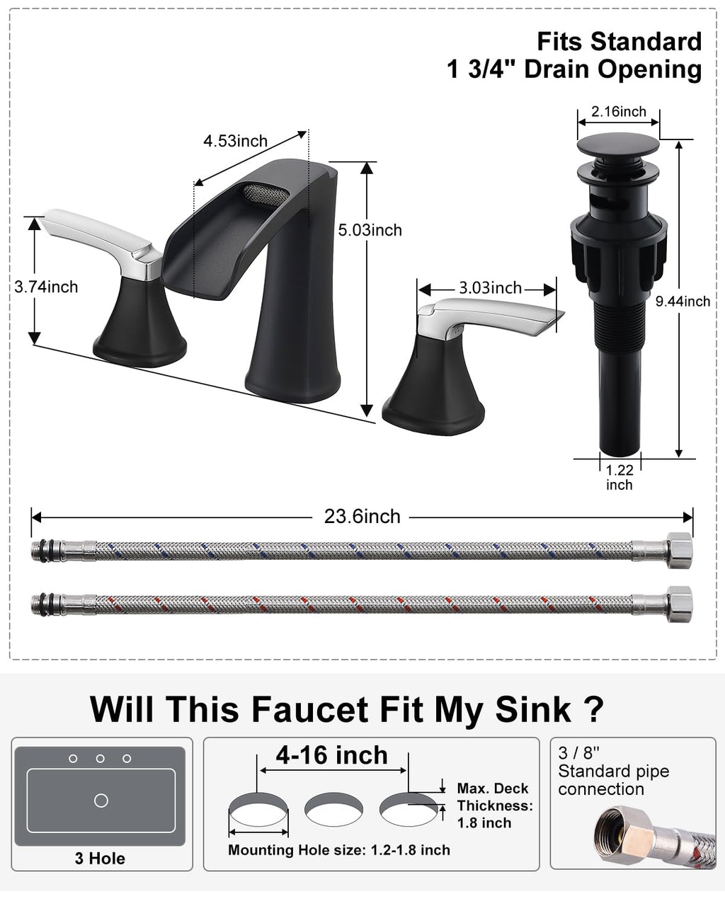 Fapully Brushed Nickel Bathroom Faucet 3 Hole, Waterfall 8 Inch Widespread Bathroom Sink Faucet with Pop-up Drain, Two-Handle Faucet for Bathroom Sink