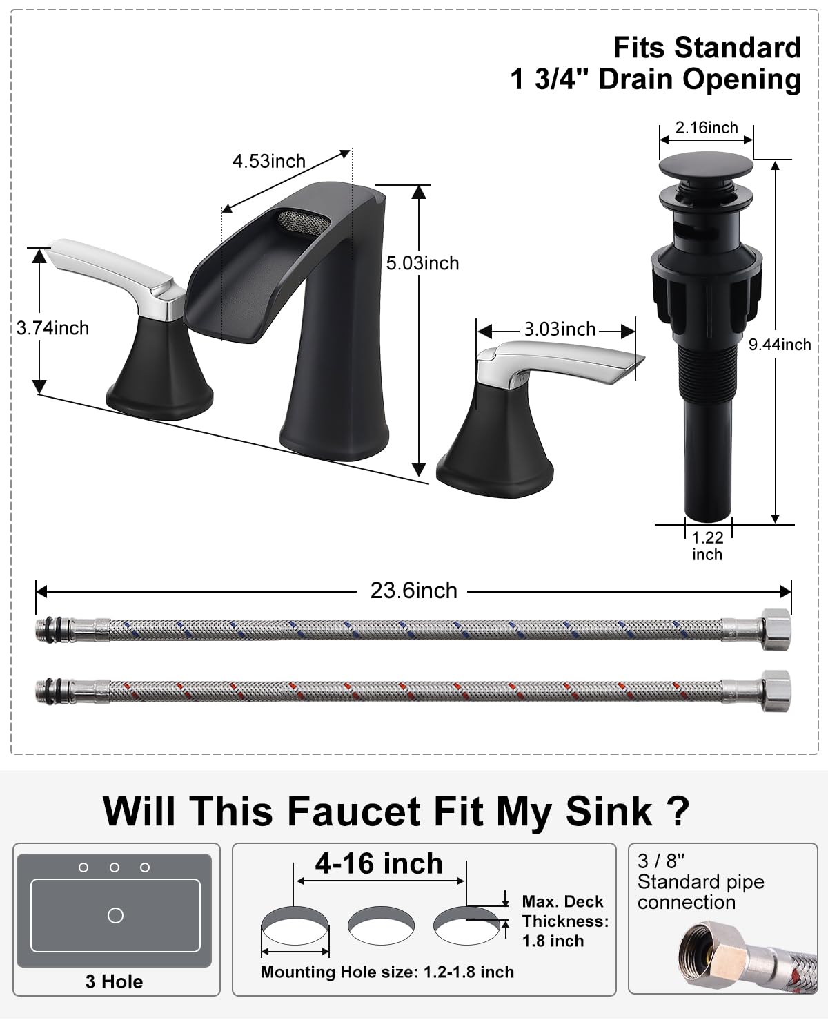 Fapully Brushed Nickel Bathroom Faucet 3 Hole, Waterfall 8 Inch Widespread Bathroom Sink Faucet with Pop-up Drain, Two-Handle Faucet for Bathroom Sink