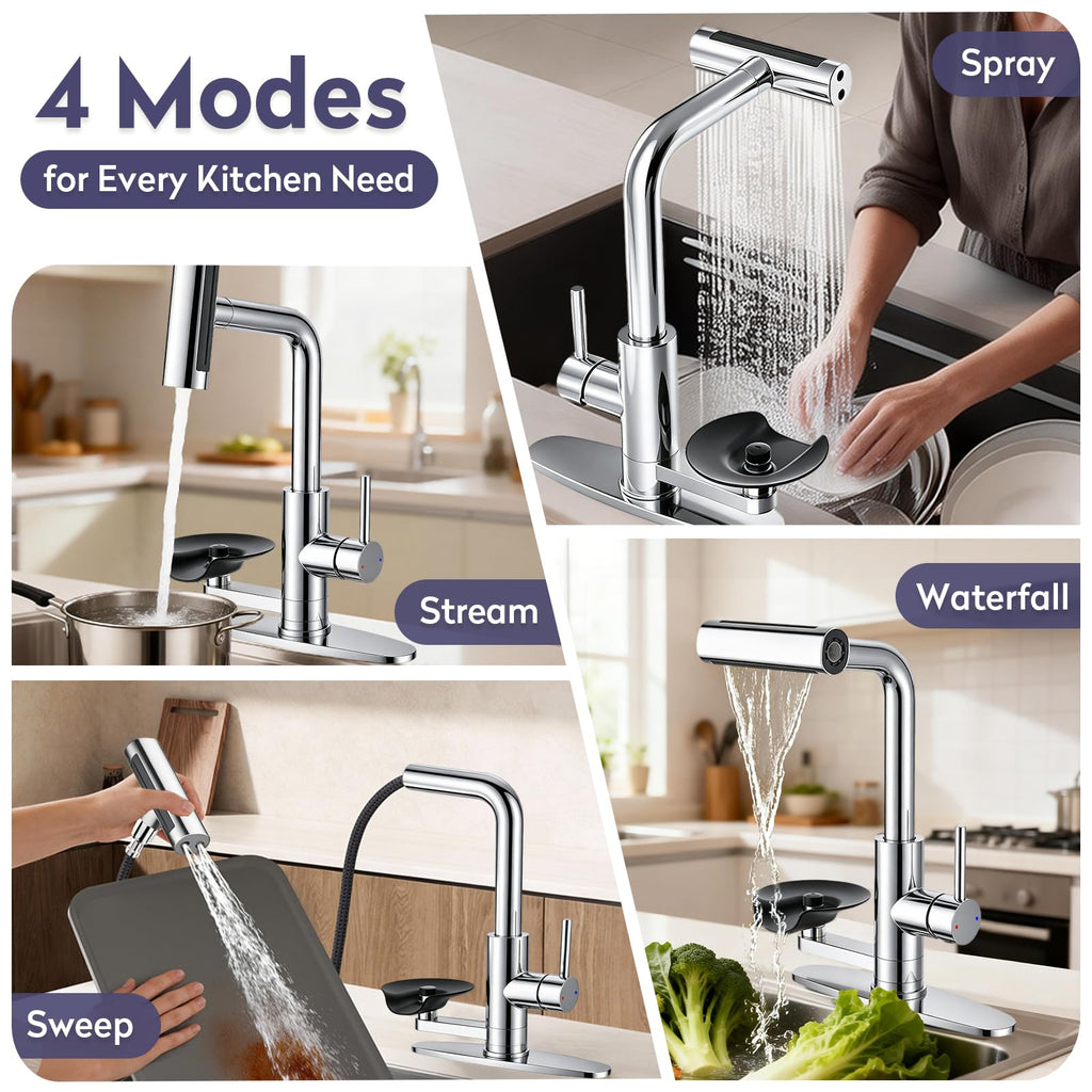 HOWUWEY Black Kitchen Faucet with Pull Down Sprayer & Cup Washer