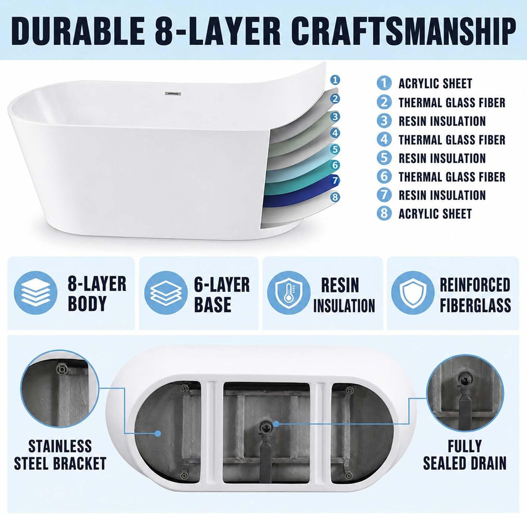 55" Oval Acrylic Free Standing Tub with 8-Layer Insulation (Gloss White)