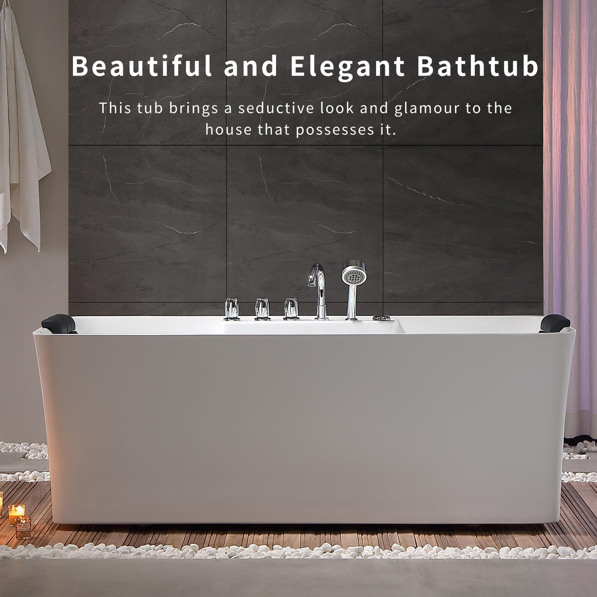 Empava 59" White Freestanding Rectangular Whirlpool Bathtub with 8 Adjustable Hydromassage Jets, ETL-Certified, 60-Gallon Capacity, Double-Ended Design & Two Pillows â Spacious for All Body Types