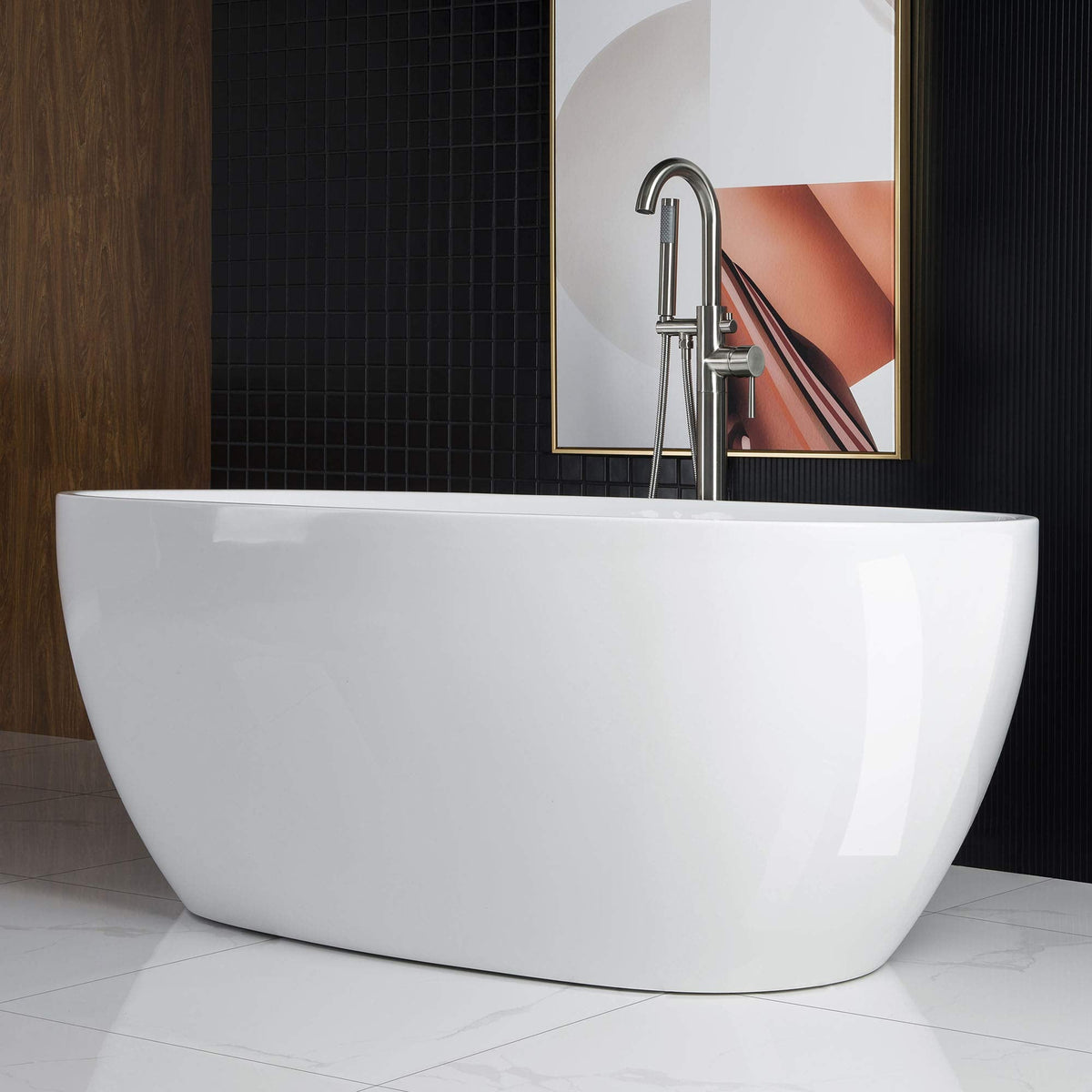 WOODBRIDGE 59"Freestanding White Acylic Soaking Bathtub with Brushed Nickel Drain and Overflow,BTA1518 -B/N-Drain &O
