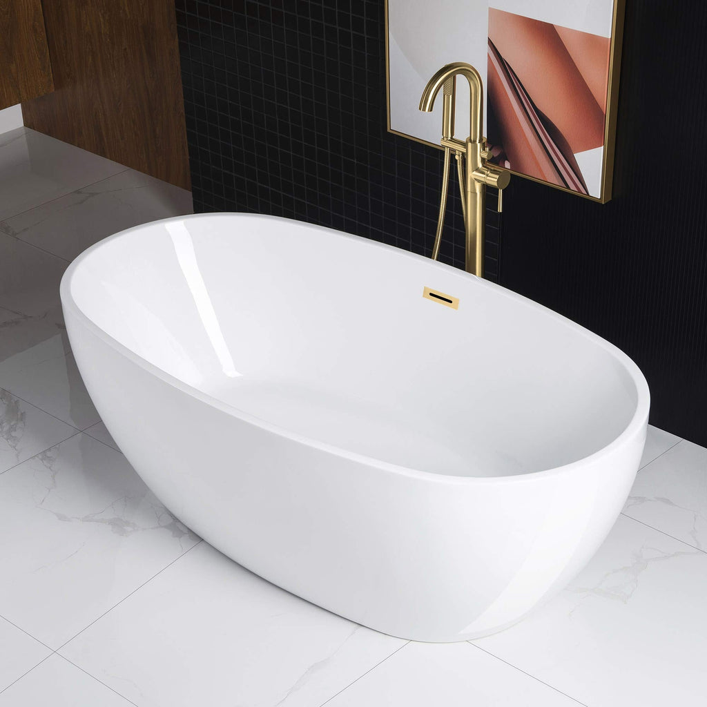 WOODBRIDGE 59"Freestanding White Acylic Soaking Bathtub with Brushed Nickel Drain and Overflow,BTA1518 -B/N-Drain &O
