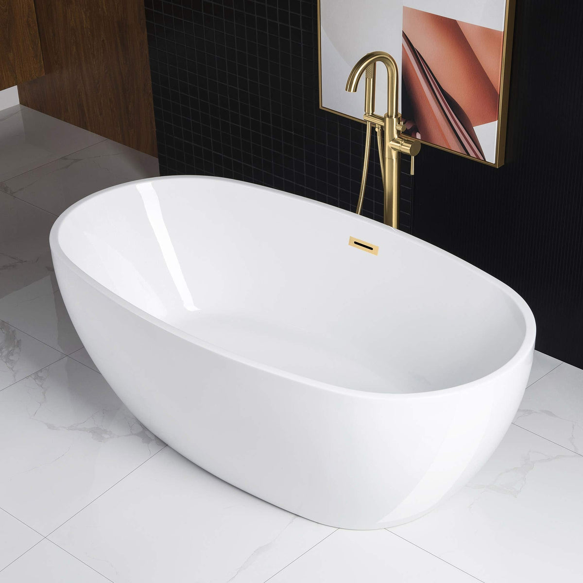 WOODBRIDGE 59"Freestanding White Acylic Soaking Bathtub with Brushed Nickel Drain and Overflow,BTA1518 -B/N-Drain &O