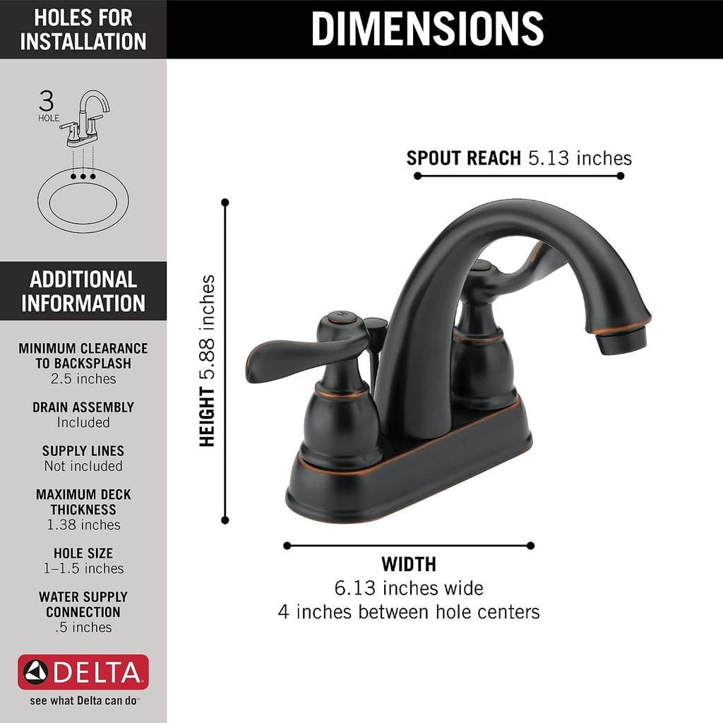 Delta Windemere Centerset Oil Rubbed Bronze Bathroom Faucet, 4 Inch 3 Hole Bathroom Sink Faucet for Vanity, Metal Push-Pop Drain Assembly, Oil Rubbed Bronze B2596LF-OB