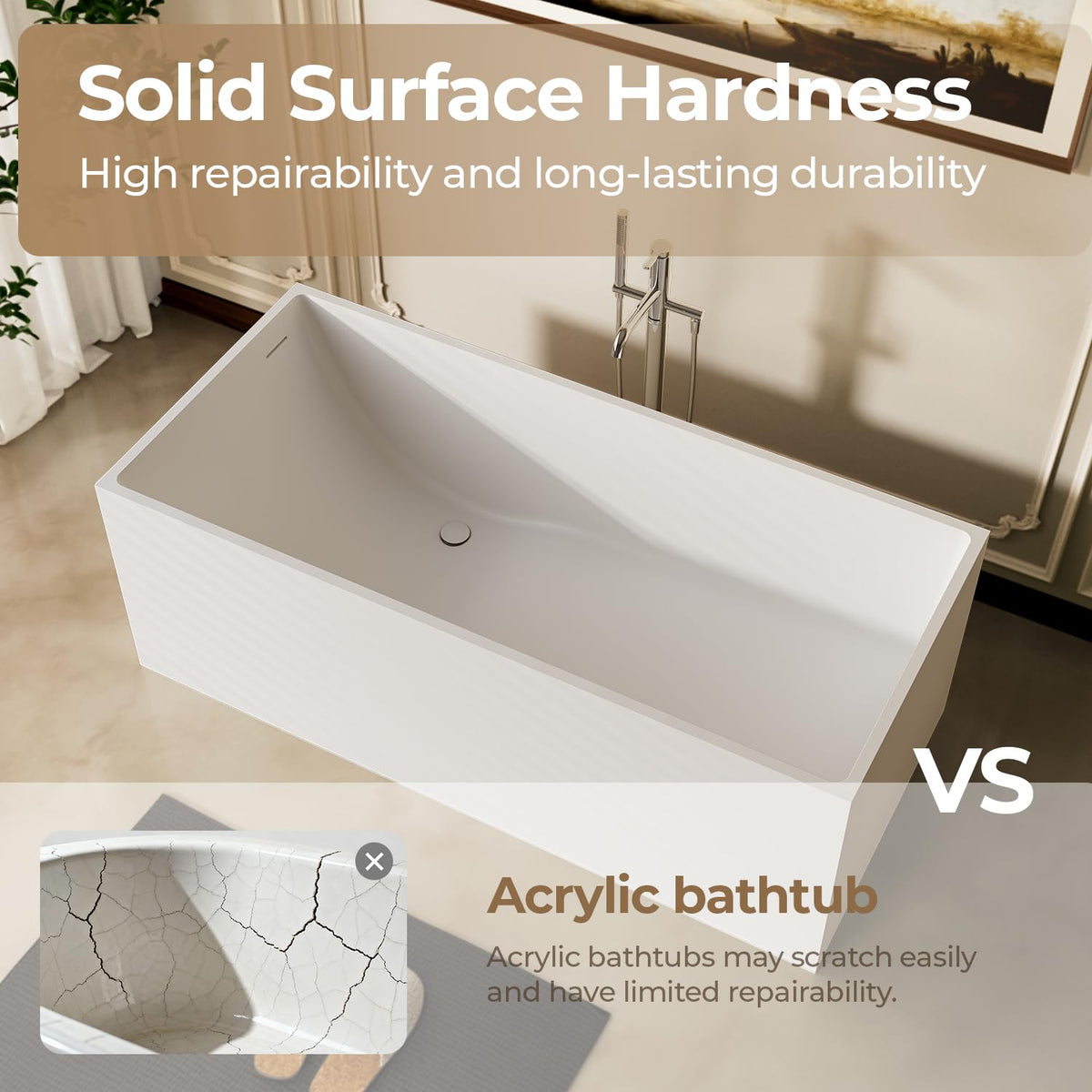 61''Stone Resin Freestanding Bathtub,Solid Surface Soaking Tub with Deep Bath Design, Modern Oval Free Standing Tub with Integrated Drain & Hidden Overflow, Starry Gray