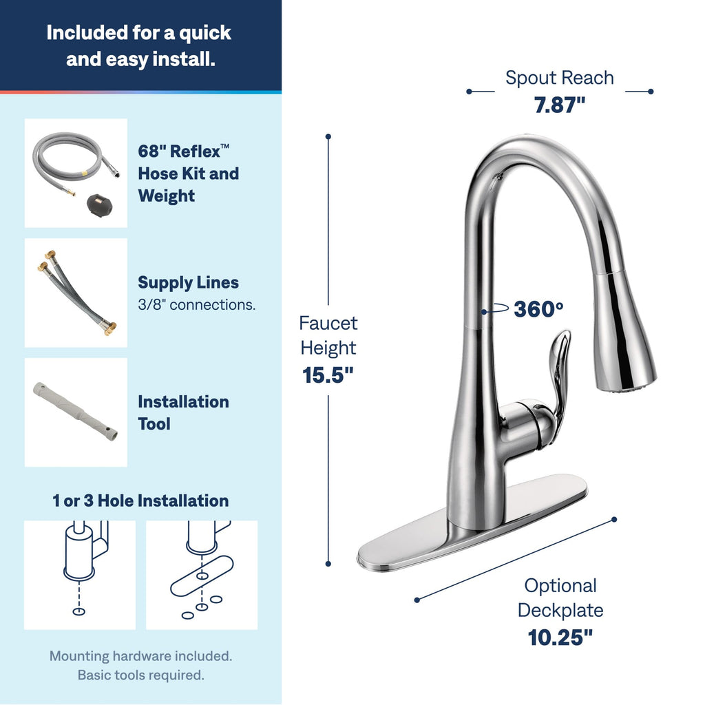 Moen Arbor Spot Resist Stainless One-Handle Pulldown Kitchen Faucet with Sprayer and a Reflex Docking System, Kitchen Sink Faucet Featuring Power Boost for a Faster Clean, 7594SRS