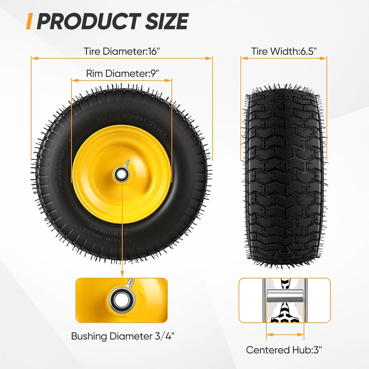 16x6.50-8 Tubeless Tire and Wheel, 16x6.5-8" Lawn Mower Tires, 3/4" or 5/8" Bearing, 3"-4.5" Offset Hub, Fit Riding Mower and Garden Tractor Front Wheels, 4 Ply, Turf Pattern, 2 Pack