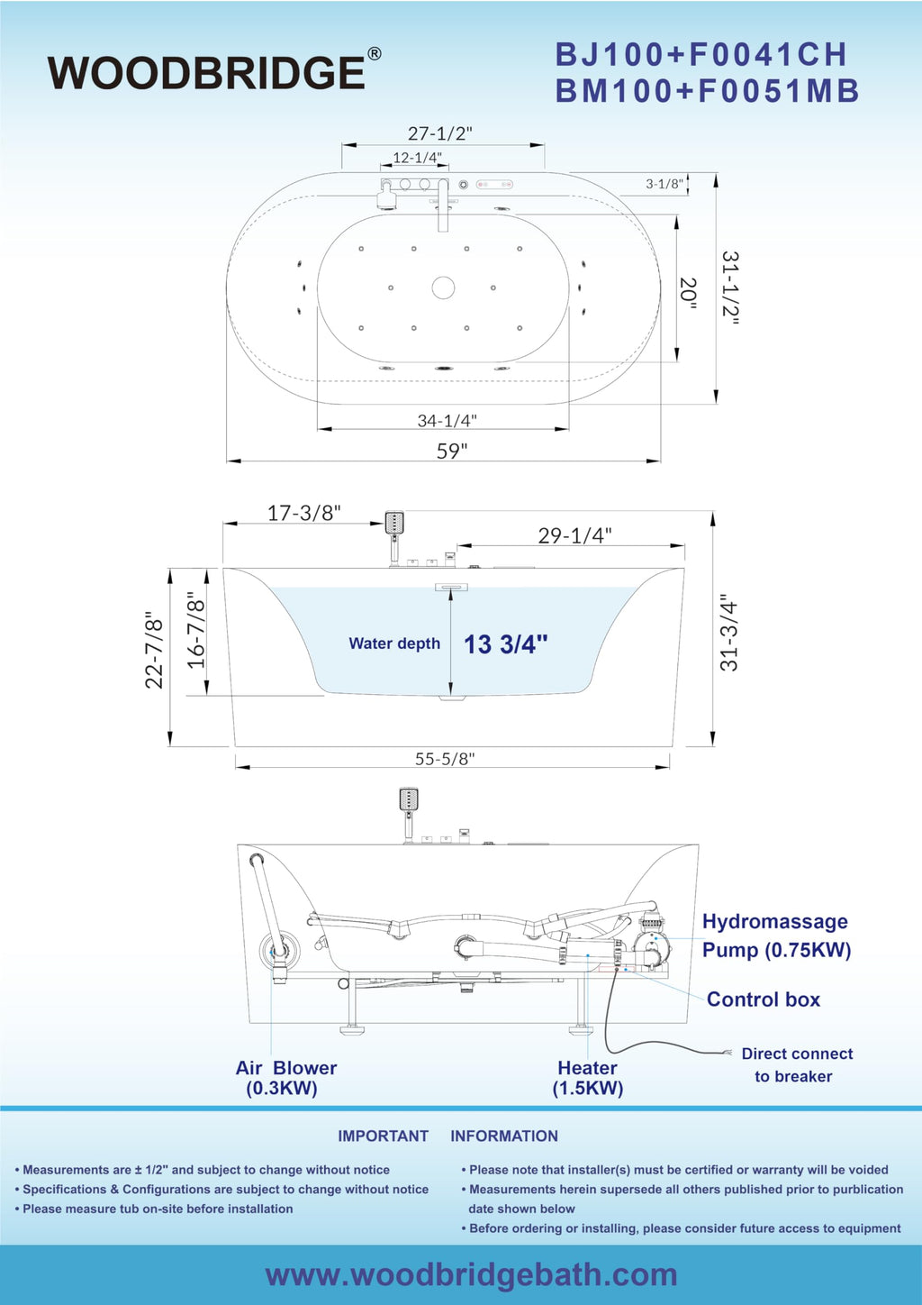 WOODBRIDGE 59"Ã31-1/2" Compact Whirlpool & Air, Heated Bathtub with Faucet
