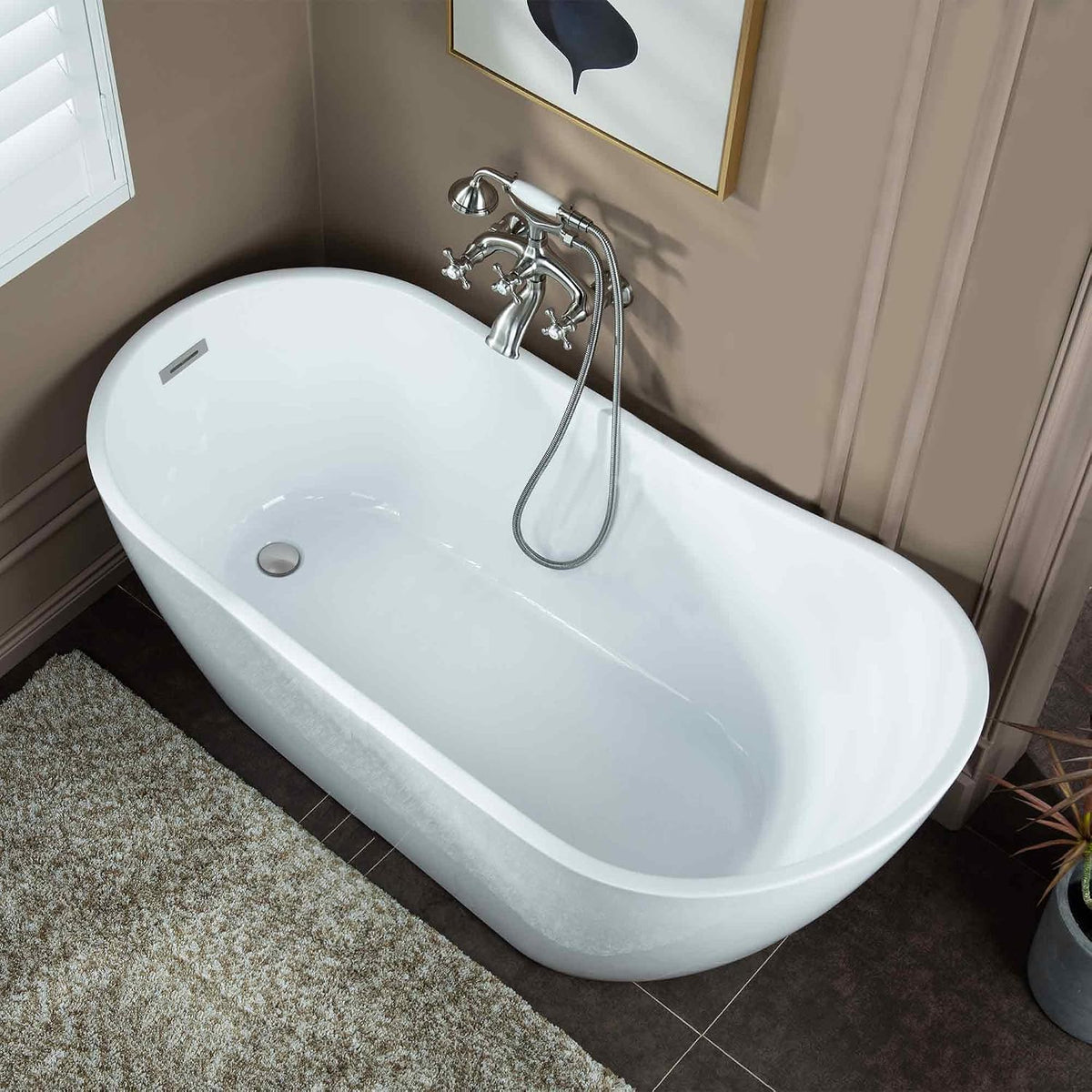 WOODBRIDGE 67" Acrylic Freestanding Bathtub Contemporary Soaking White Tub with Chrome Overflow and Drain