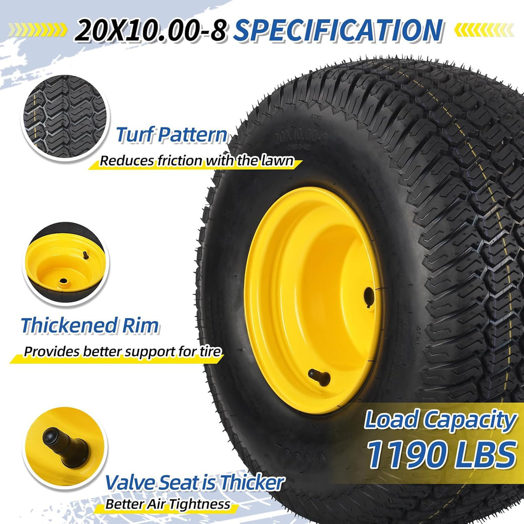GICOOL 20x10.00-8 Lawn Mower Tire and Wheel, 3/4" Borehole, and 3/16" Keyway, 3.5" Offset Hub, 4 Ply Tubeless Tire, Replacement 20x10-8nhs Riding Lawn Mower and Tractor Rear Tire and Wheel Assemblies