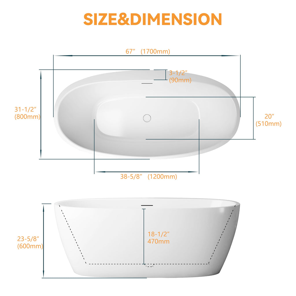 61" Freestanding Bathtubs, Acrylic Soaking Tubs for Adult, Integrated Overflow and Drain, cUPC Certified, Glossy White