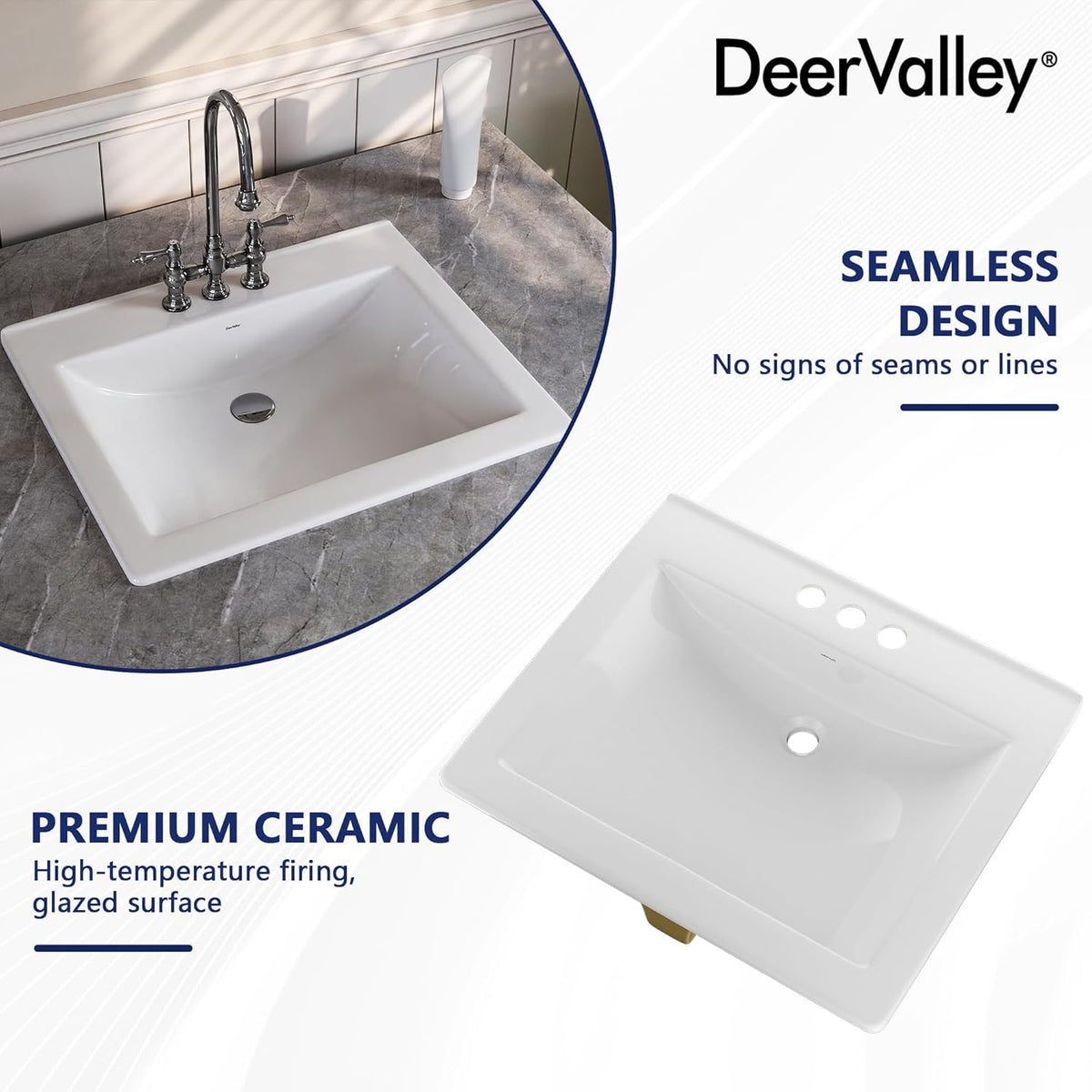 DeerValley Drop In Bathroom Sink White 21"x18" Rectangle Sleek 3-Hole Basin