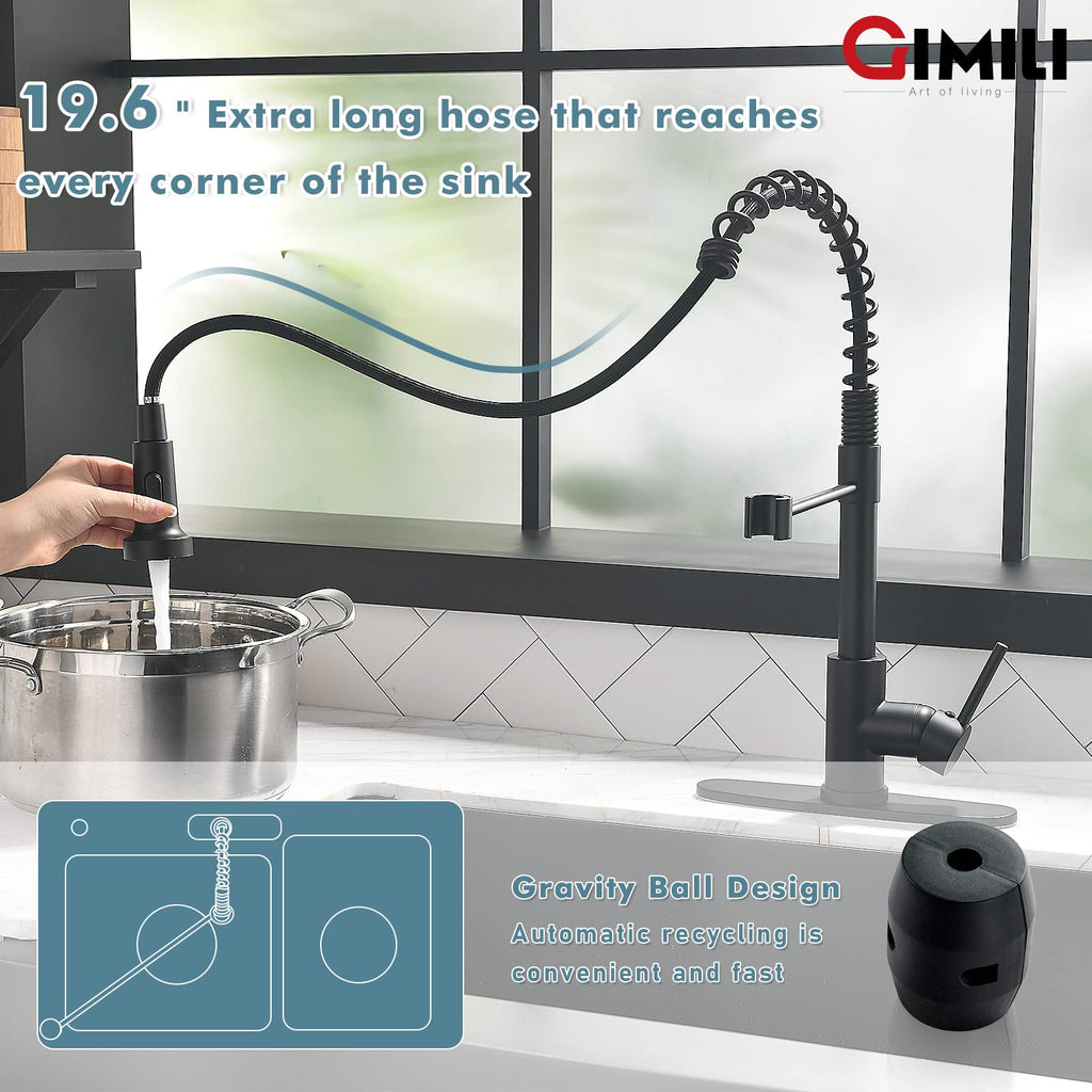 GIMILI Matte Black Touchless Kitchen Faucet with Spring Pull Down Sprayer