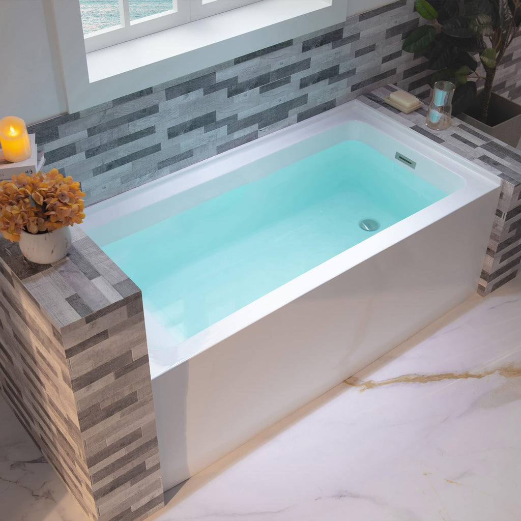 WOODBRIDGE 60" Acrylic Rectangular Alcove Soaking Bathtub in White with Left Drain, Brushed Nickel pop-up Drain Included, LB428-L