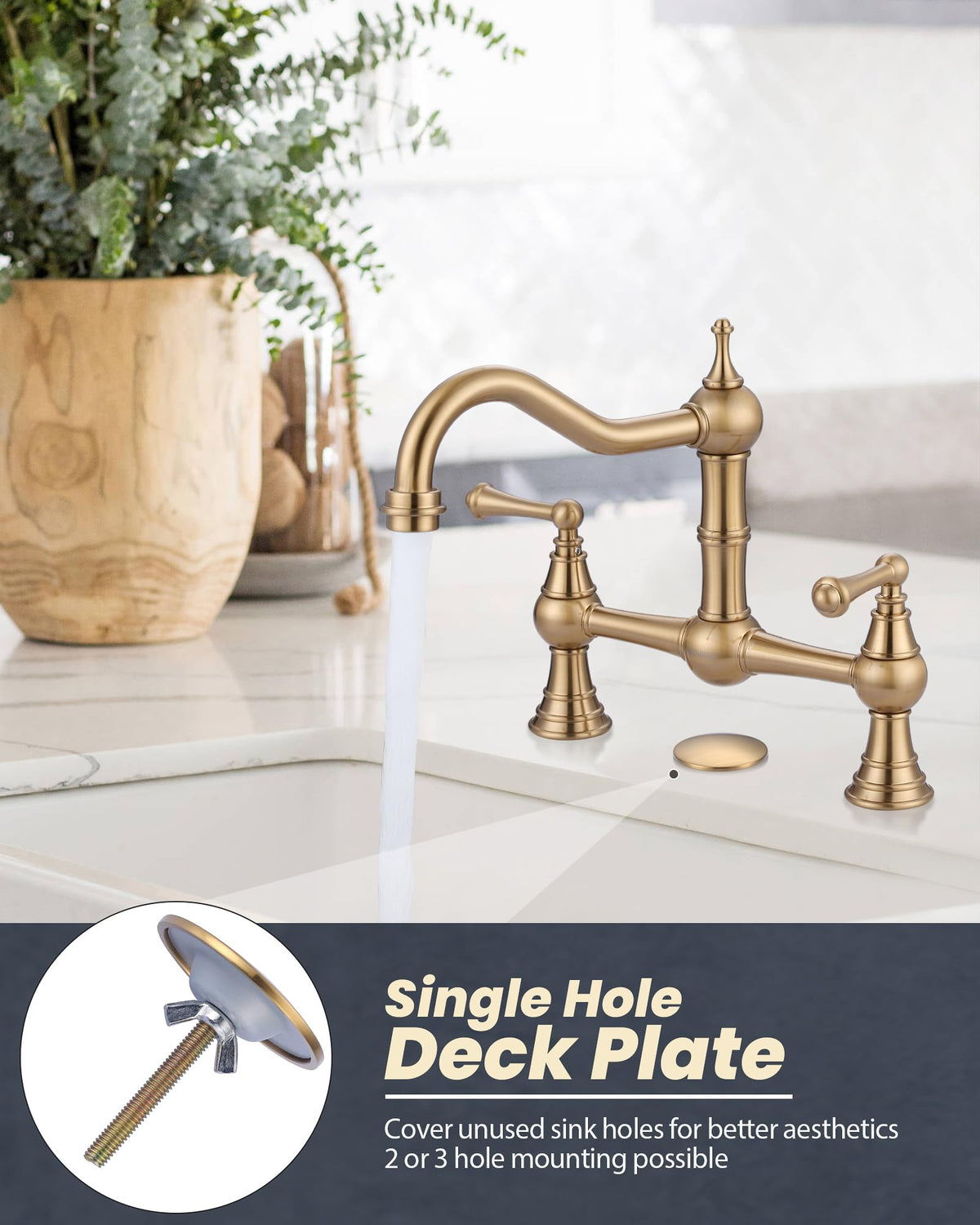 WOWOW Brass Bridge Kitchen Faucet 4 Hole with Side Sprayer, Brushed Gold