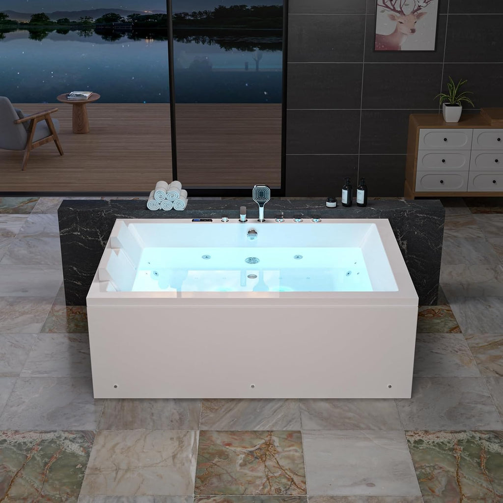 Empava PRO Series Whirlpool Bathtub for Two, Heated Jetted Tub with Air Bubble Jets & Chromotherapy Lights, Acrylic Soaking Spa Tub, Thermostatic Control, Self-Cleaning, ETL Certified, White, 71"