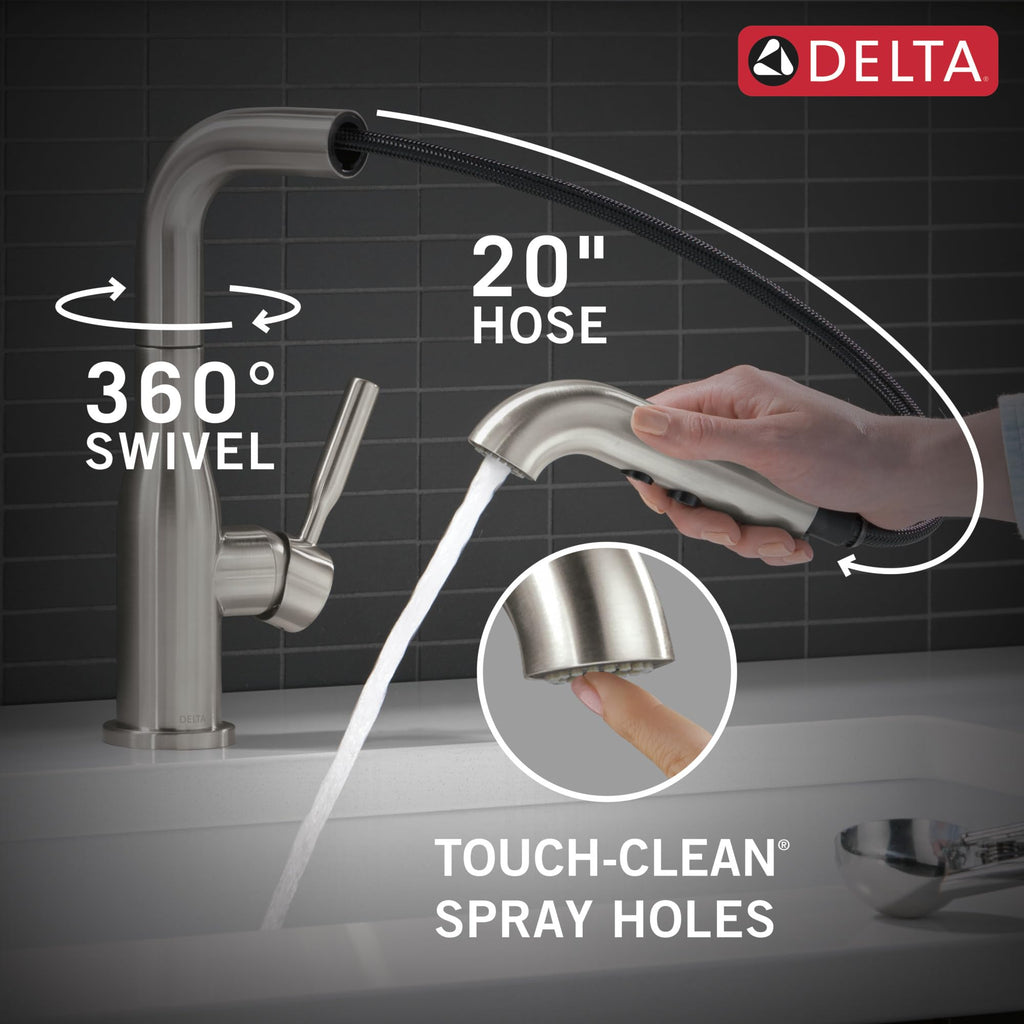 Delta Almari Matte Black Kitchen Faucet with Pull-Out Sprayer, Modern Single Hole Kitchen Sink Faucet, Single Handle, Matte Black 16943-BL-DST