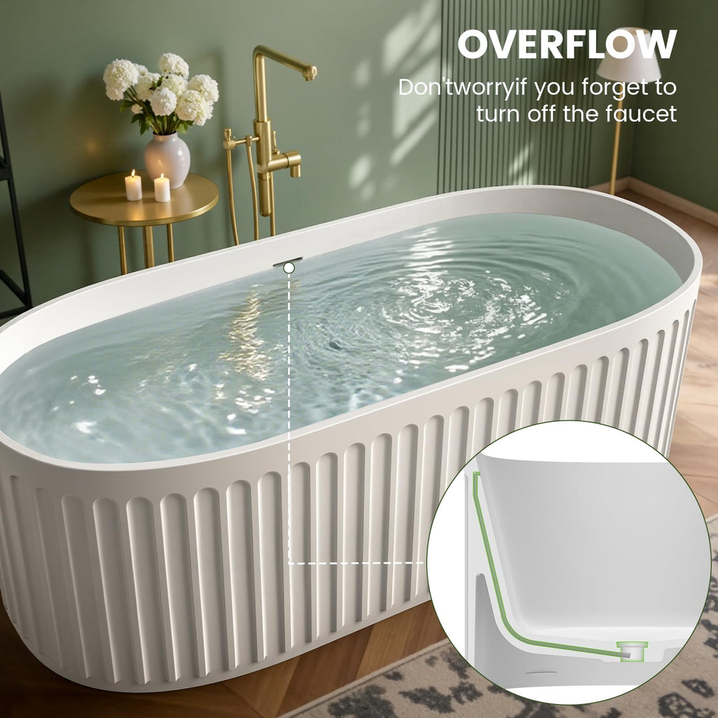 61''Stone Resin Freestanding Bathtub,Solid Surface Soaking Tub with Deep Bath Design, Modern Oval Free Standing Tub with Integrated Drain & Hidden Overflow, Starry Gray